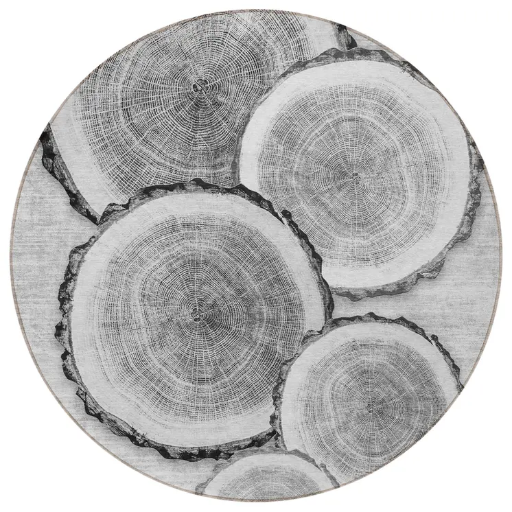 8' Round Gray and Black Round Faux Bois Washable Non Skid Indoor Outdoor Area Rug