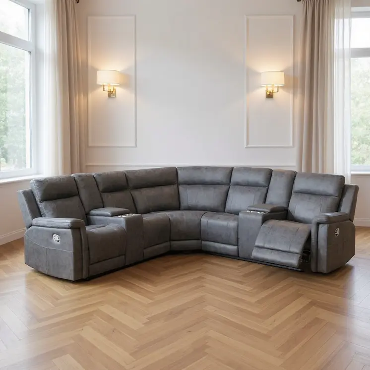 Gray Faux Leather Reclining Curved Corner Sectional With Console
