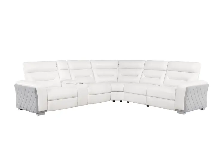 Gray And White Faux Leather Power Reclining Curved Corner Sectional With Console