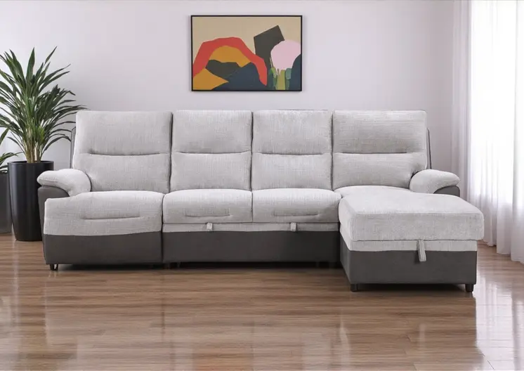 Beige And Brown Fabric Sleeper L Shaped Three Piece Sofa and Storage Chaise Sectional
