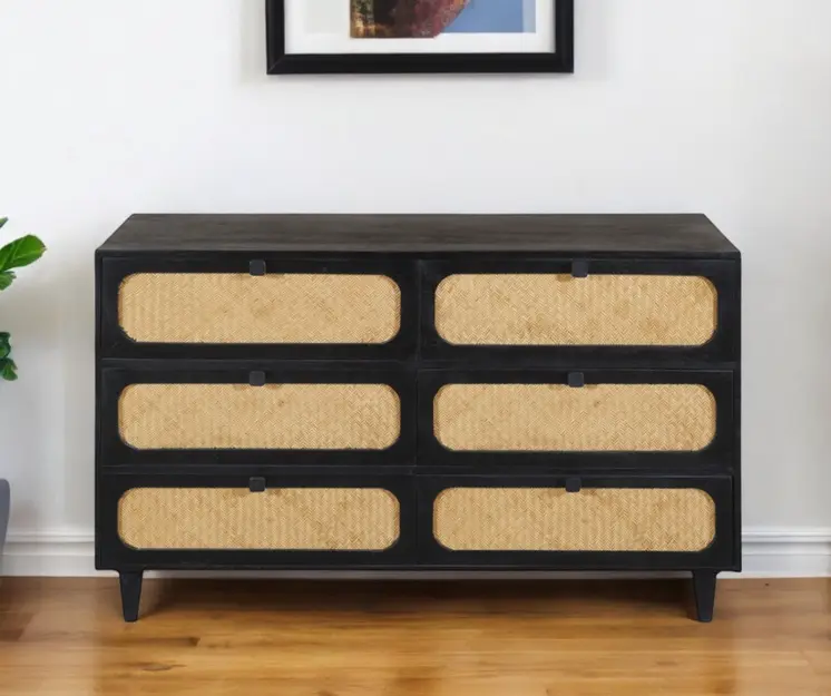 56" Black And Natural Solid Wood And Rattan Six Drawer Double Dresser