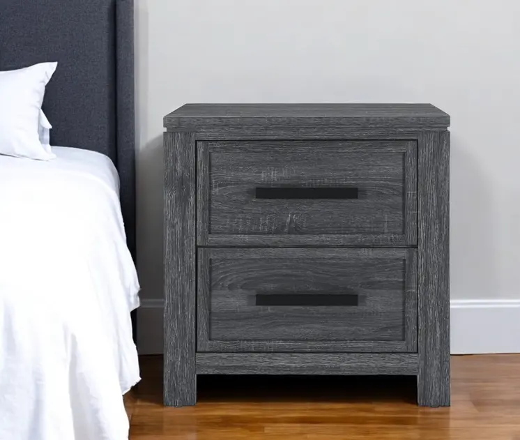 25" Dark Gray Solid and Manufactured Wood Distressed Two Drawer Nightstand