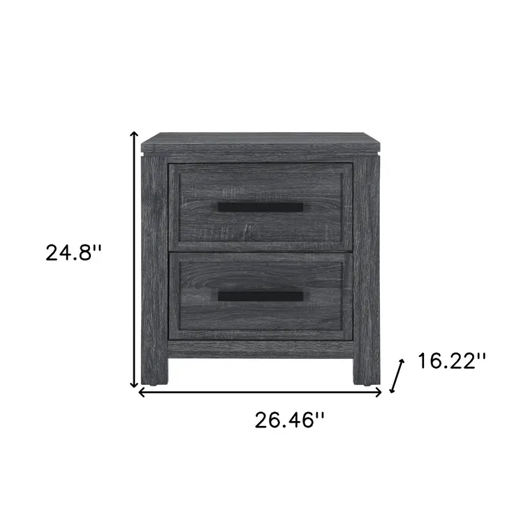 25" Dark Gray Solid and Manufactured Wood Distressed Two Drawer Nightstand