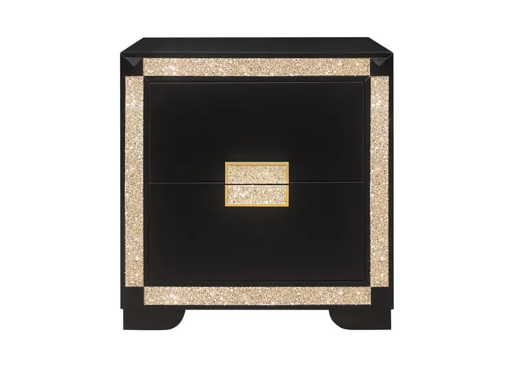 26" Black and Gold Two Drawer Faux Crystal Bling Wood Nightstand