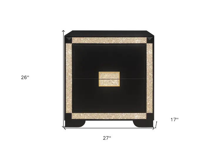 26" Black and Gold Two Drawer Faux Crystal Bling Wood Nightstand