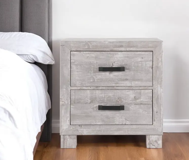 24" Gray Two Drawer Distressed Wood Nightstand