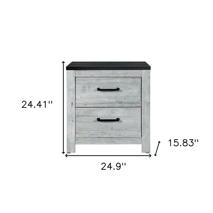 24" Gray And Black Two Drawer Wood Nightstand