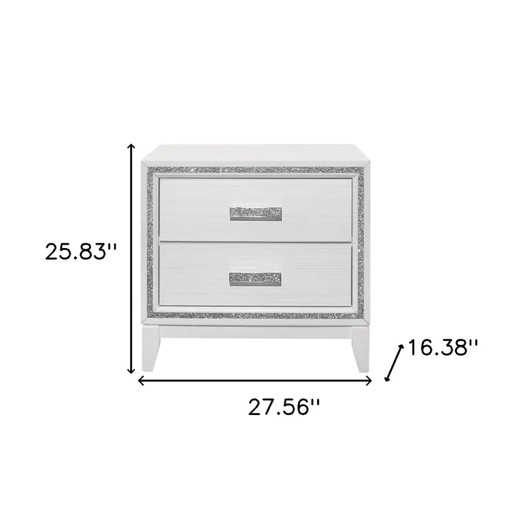 26" White Two Drawer Faux Crystal Bling Wood Nightstand
