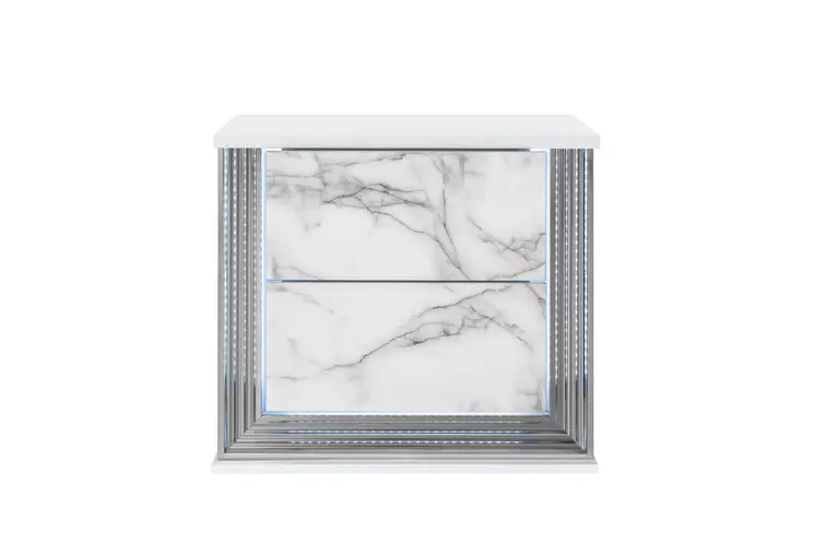 25" White Wood Faux Marble Solid and Manufactured Wood Lighted Two Drawer Nightstand with USB Port