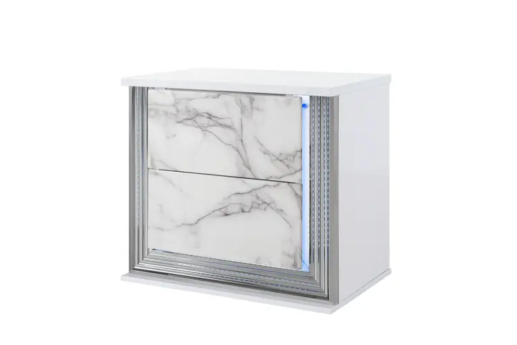 25" White Wood Faux Marble Solid and Manufactured Wood Lighted Two Drawer Nightstand with USB Port