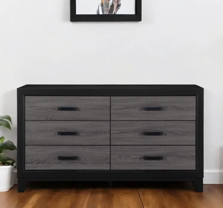 58" Black And Gray Wood Six Drawer Double Dresser