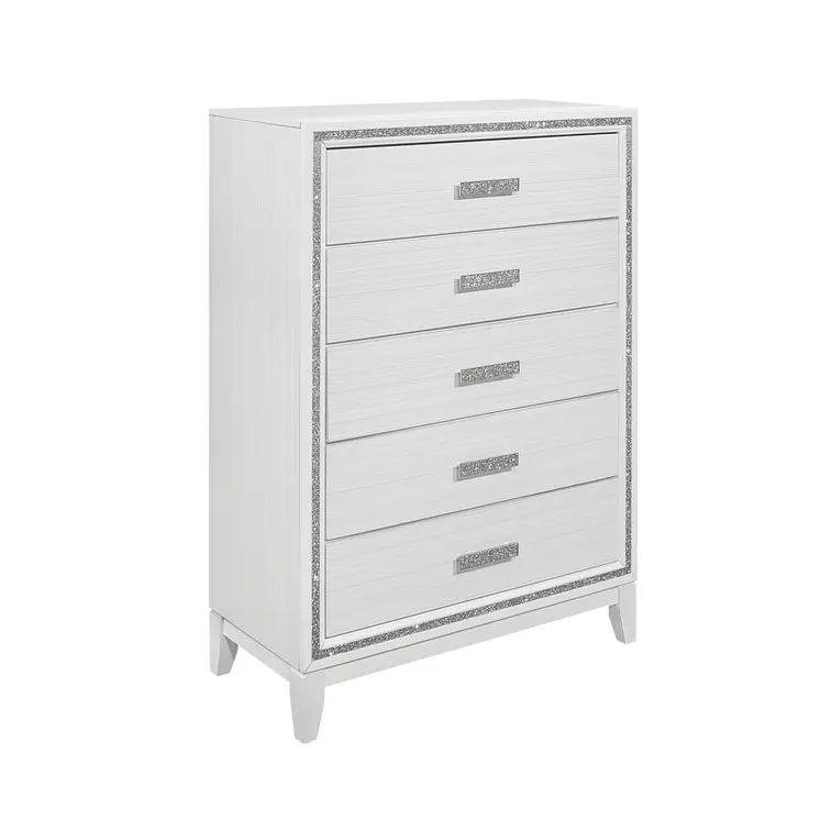 49" White And Silver And Faux Wood And Crystal Bling Lighted Five Drawer Dresser