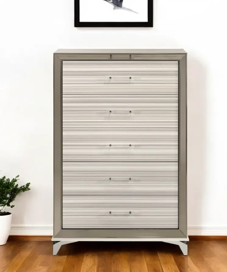 53" Beige And White Wood Lighted Five Drawer Dresser