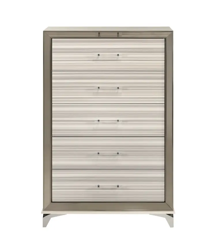 53" Beige And White Wood Lighted Five Drawer Dresser