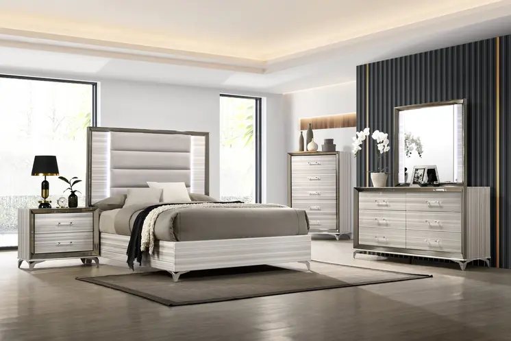53" Beige And White Wood Lighted Five Drawer Dresser