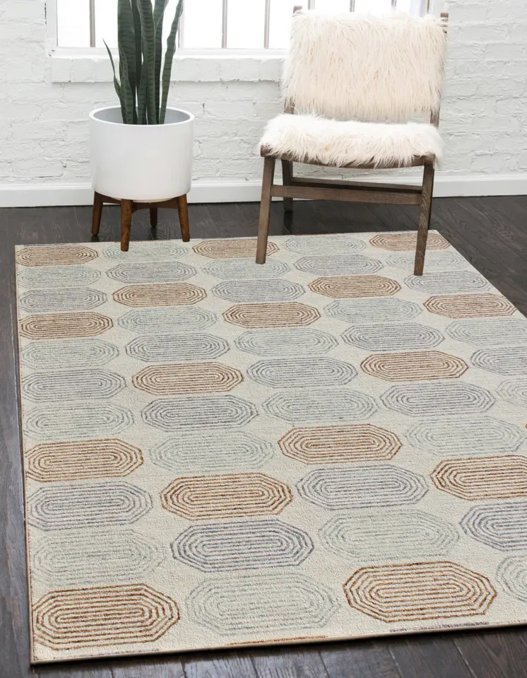 5' X 8' Ivory and Silver Wool Abstract Geometric Hand Tufted Non Skid Area Rug
