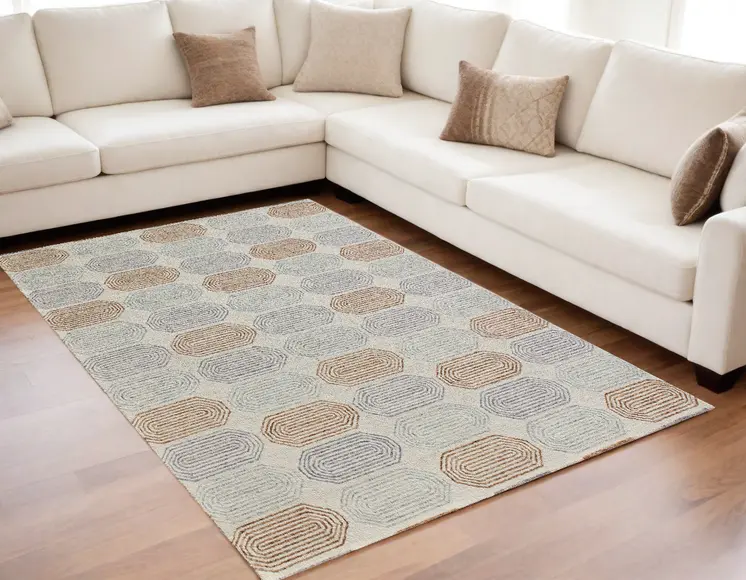 5' X 8' Ivory and Silver Wool Abstract Geometric Hand Tufted Non Skid Area Rug