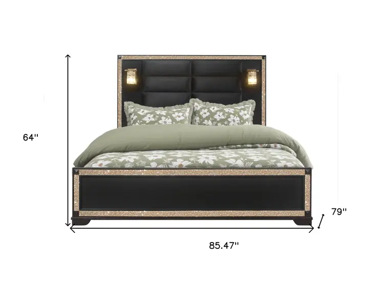 Black Faux Crystal Bling Wood And Upholstery Lighted King Bed Frame