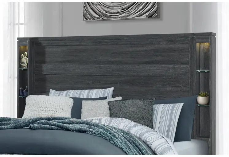Dark Gray Distressed Wood Lighted King Bed Frame