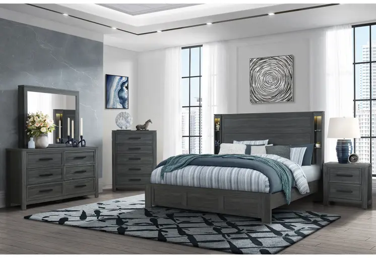 Dark Gray Distressed Wood Lighted King Bed Frame