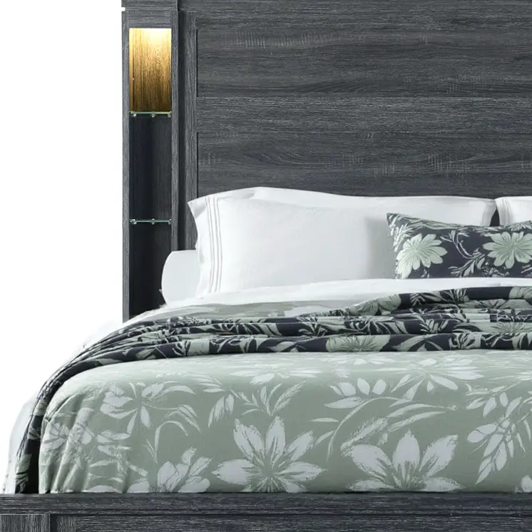 Dark Gray Distressed Wood Lighted King Bed Frame