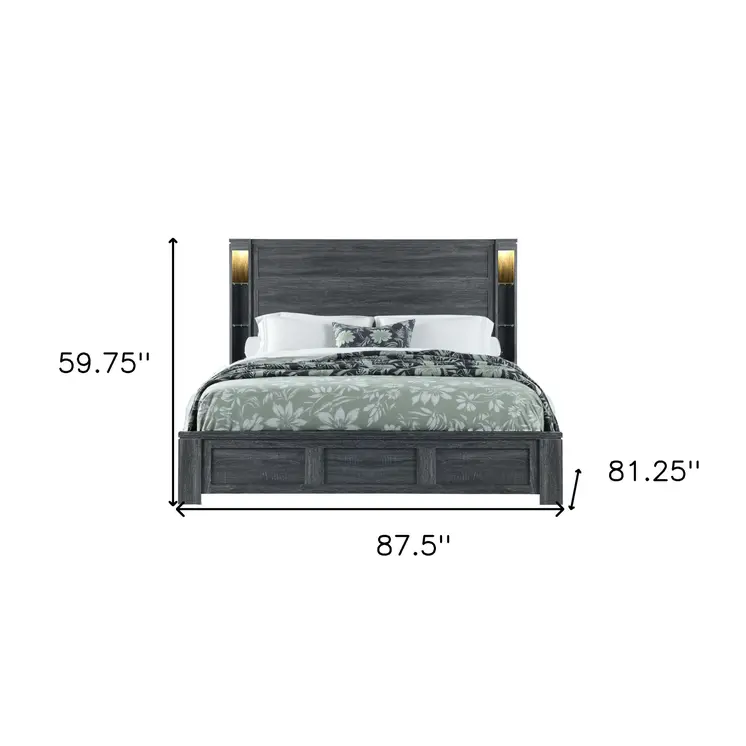 Dark Gray Distressed Wood Lighted King Bed Frame