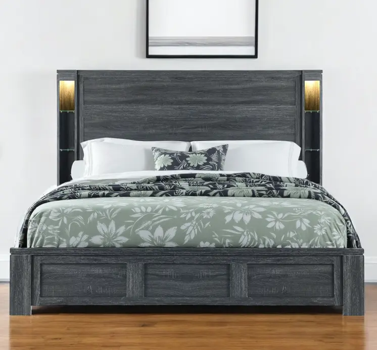 Dark Gray Distressed Wood Lighted King Bed Frame
