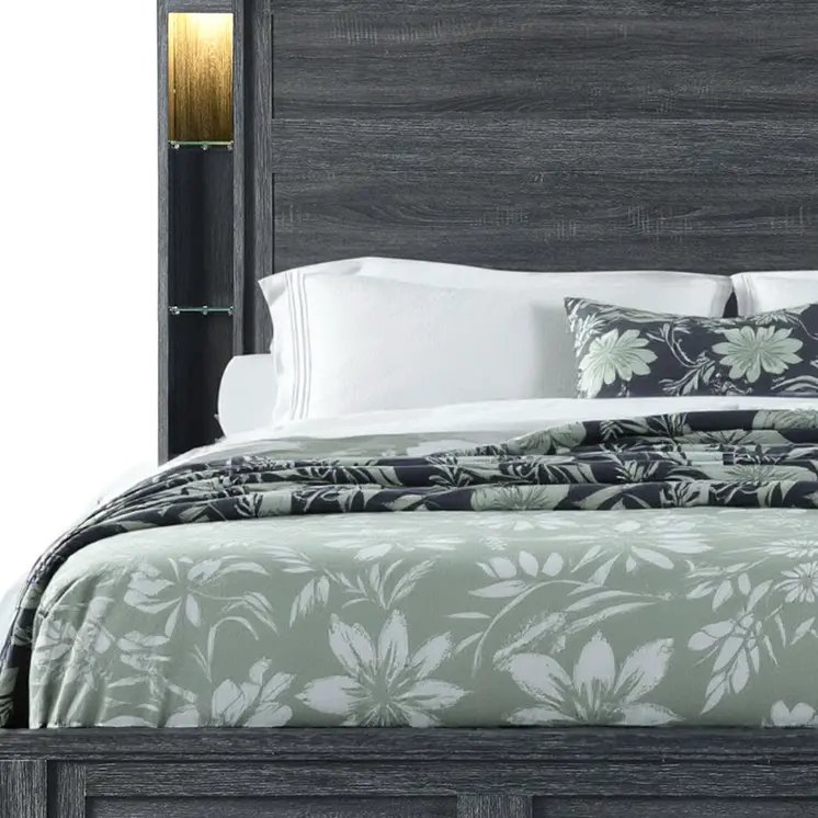 Dark Gray Distressed Wood Lighted Queen Bed Frame