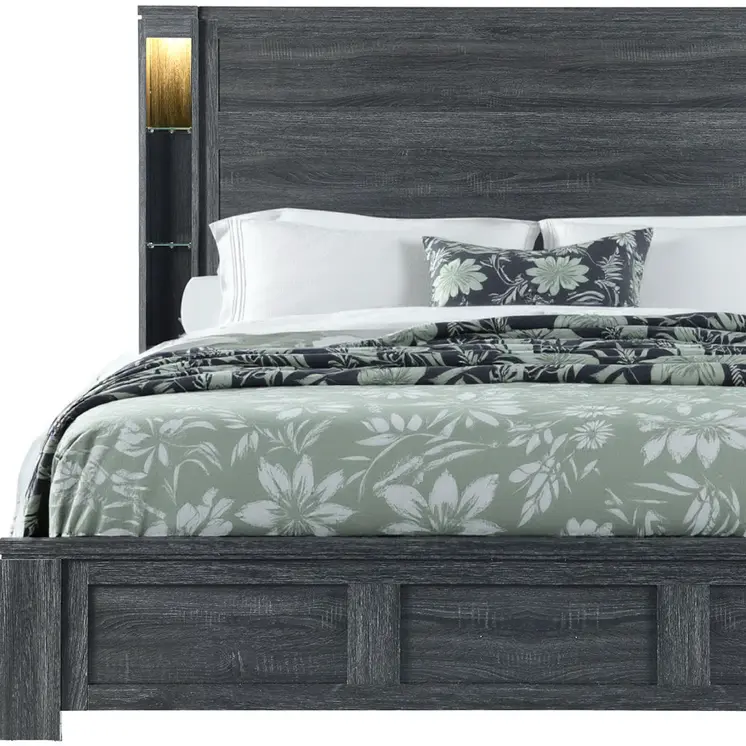Dark Gray Distressed Wood Lighted Queen Bed Frame