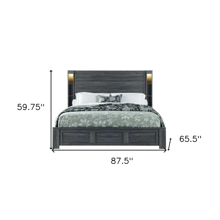 Dark Gray Distressed Wood Lighted Queen Bed Frame
