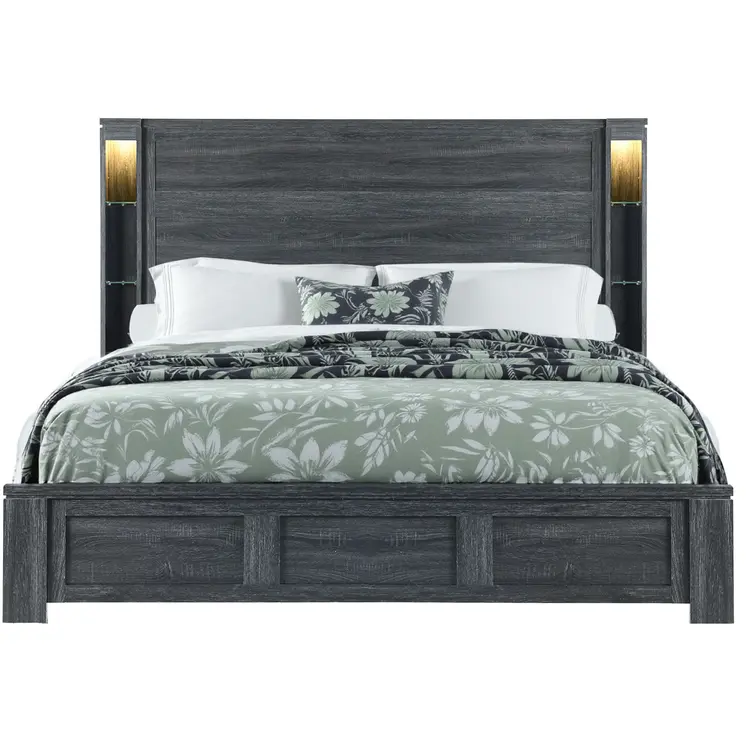 Dark Gray Distressed Wood Lighted Queen Bed Frame