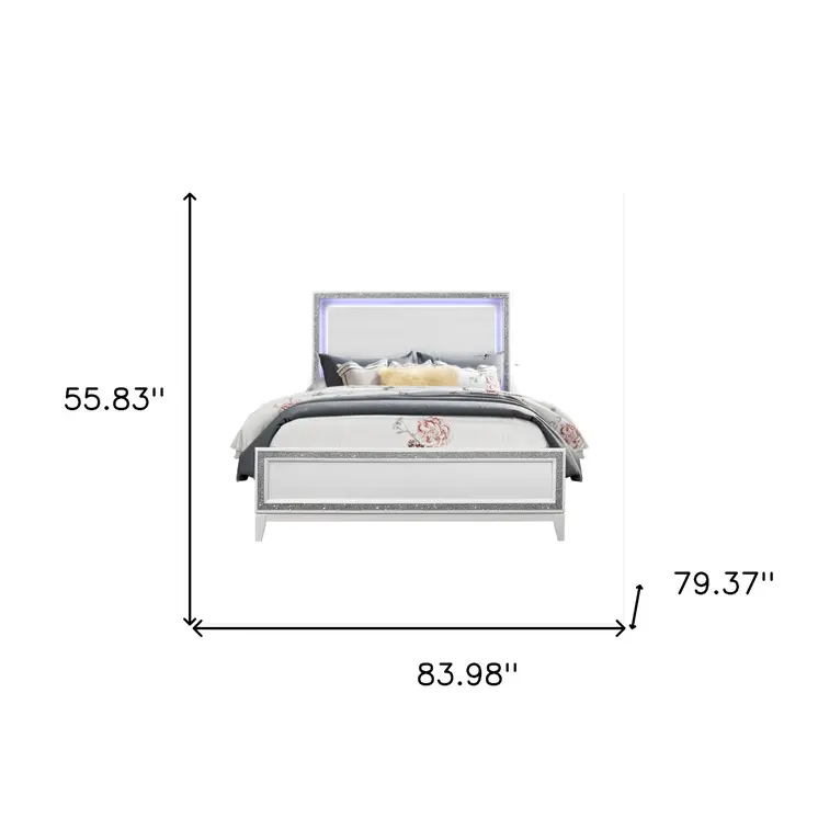 White Wood and Faux Crystal Bling Lighted King Bed Frame