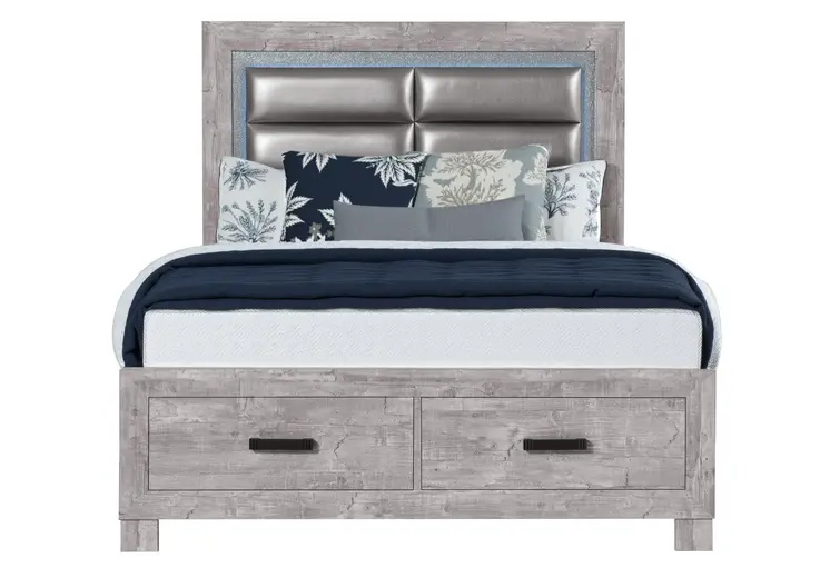 Gray Ribbed Texture Wood And Faux Leather Full Bed Frame With Two Drawers