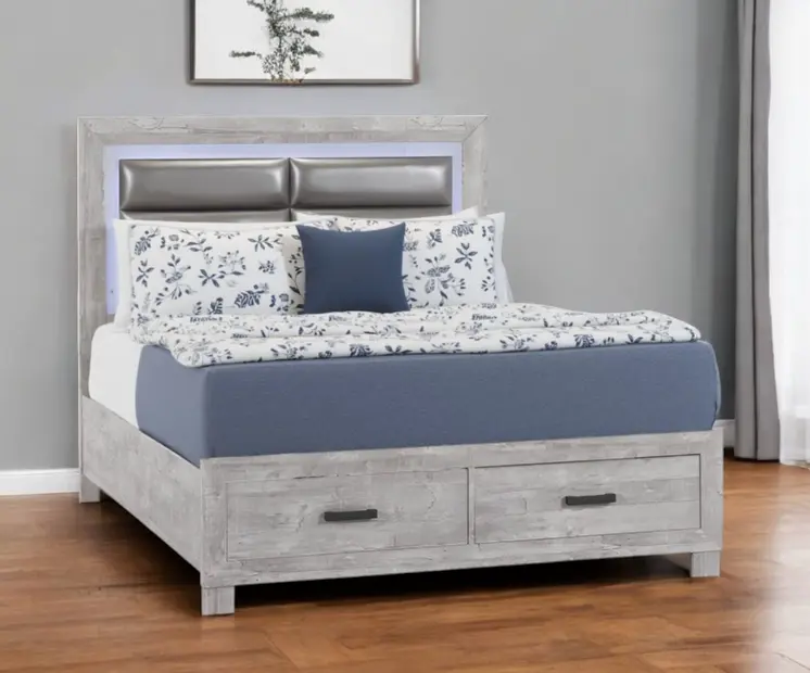 Gray Ribbed Texture Wood And Faux Leather Full Bed Frame With Two Drawers