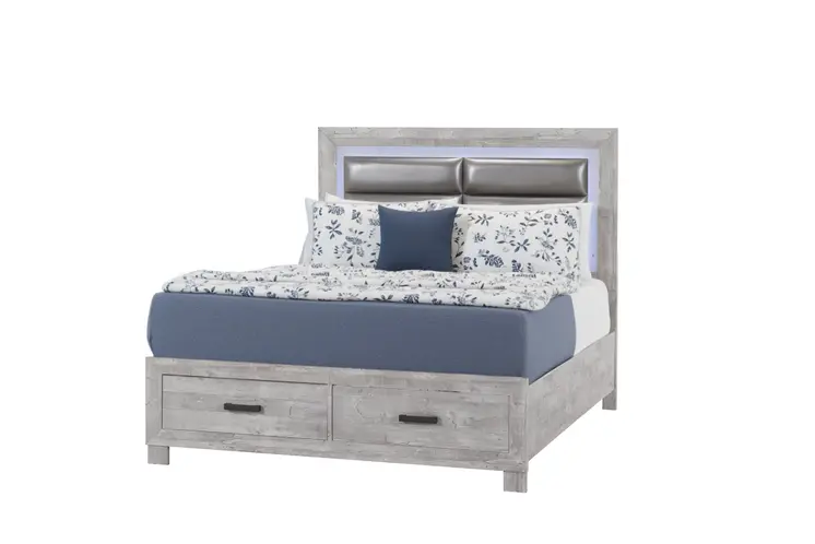 Gray Ribbed Texture Wood And Faux Leather Full Bed Frame With Two Drawers