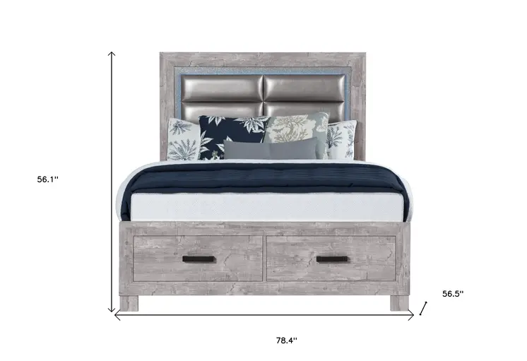 Gray Ribbed Texture Wood And Faux Leather Full Bed Frame With Two Drawers
