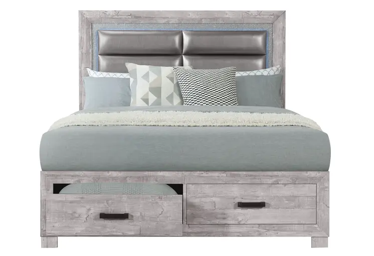 Gray and Silver Faux Crystal Bling Wood And Faux Leather Queen Bed Frame With Two Drawers