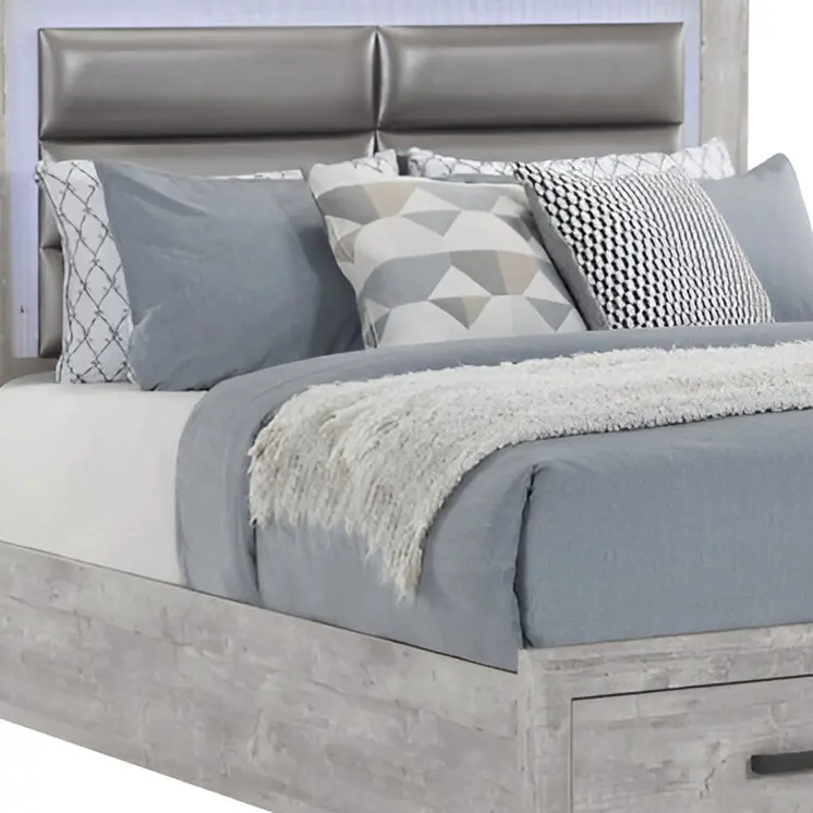 Gray and Silver Faux Crystal Bling Wood And Faux Leather Queen Bed Frame With Two Drawers