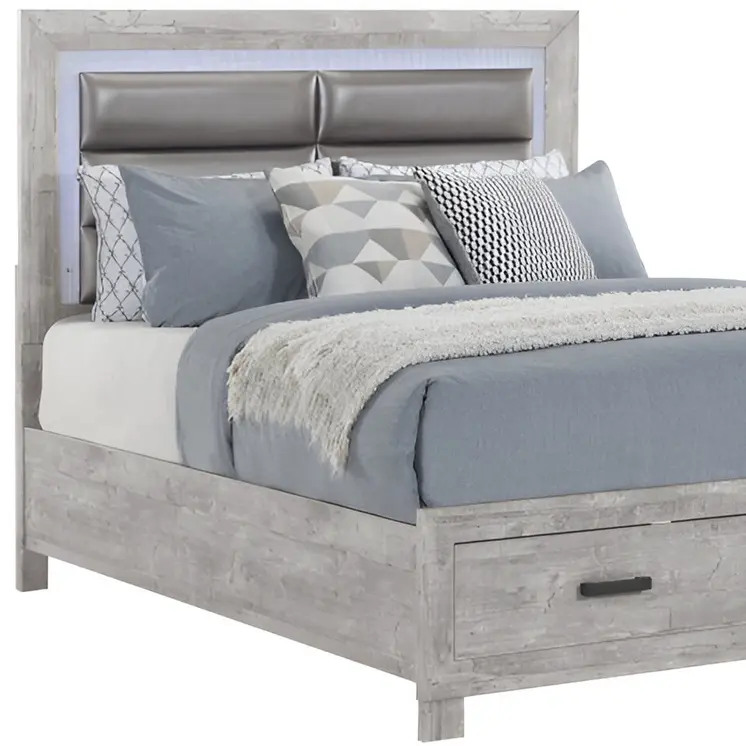 Gray and Silver Faux Crystal Bling Wood And Faux Leather Queen Bed Frame With Two Drawers