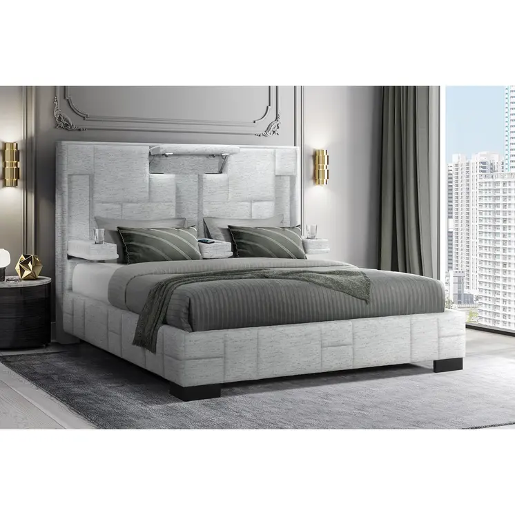 Black and Gray And Upholstered Lighted Queen Bed Frame with USB