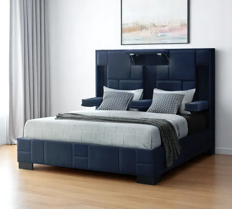 Navy Blue Tufted Upholstered Lighted King Bed Frame