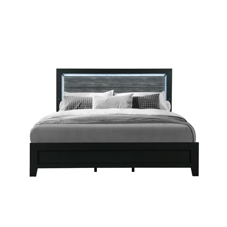 Black and Gray Wood And Velvet Lighted King Bed Frame