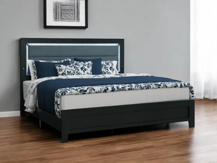 Black and Gray Wood And Velvet Lighted King Bed Frame
