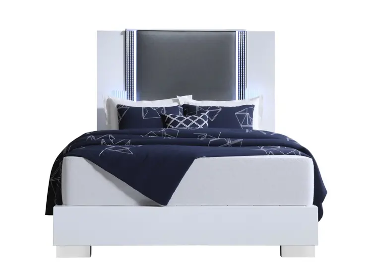 White and Gray Wood And Faux Leather Lighted King Bed Frame
