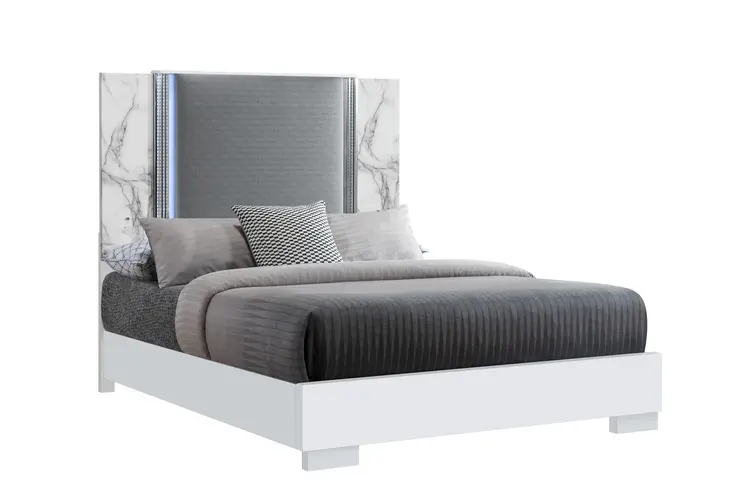 White and Gray Faux Marble And Upholstery Lighted Queen Bed Frame