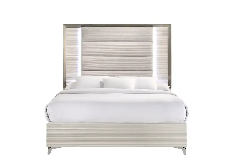Beige White And Chrome Wood Upholstered Lighted Queen Bed Frame