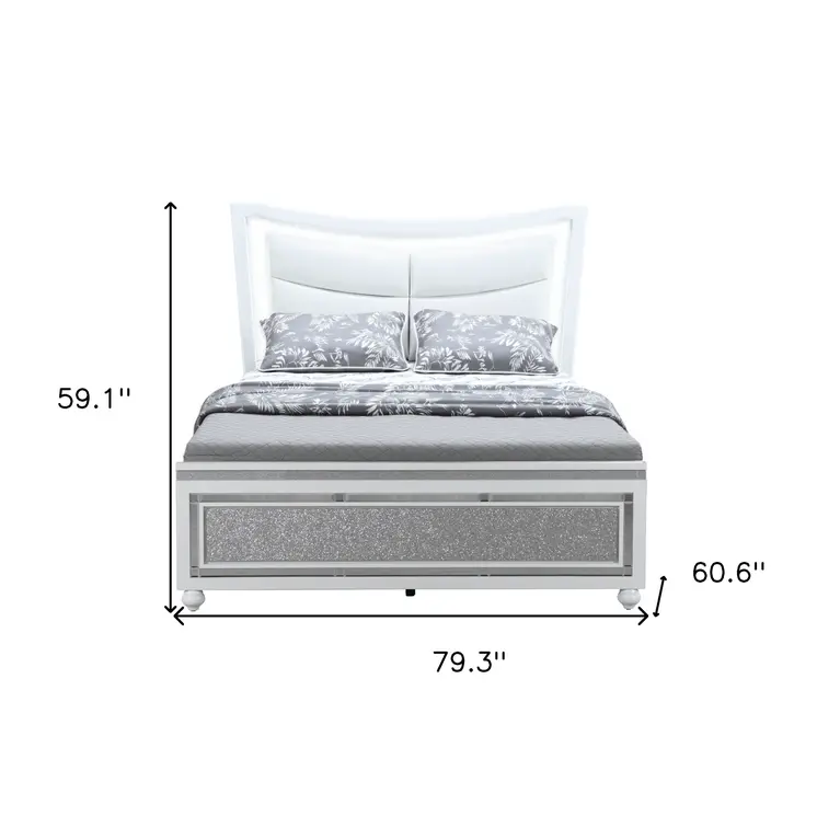 Silver And White Faux Crystal Bling Wood And Upholstery Lighted Full Bed Frame