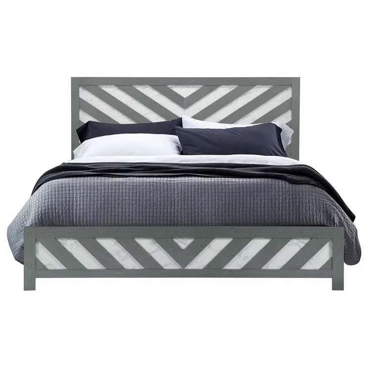 Gray And White Carved Geometric King Bed Frame