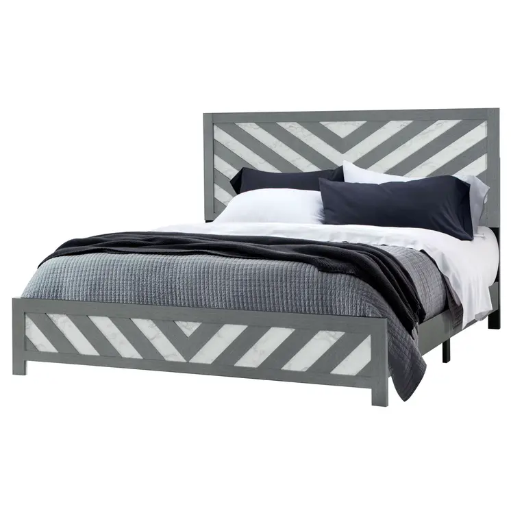 Gray And White Carved Geometric King Bed Frame