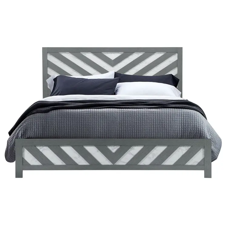 Gray And White Carved Geometric King Bed Frame